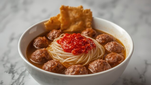 Detailed view of Bakso, showcasing assorted beef meatballs, rice noodles, and a crunchy fried wonton, topped with spicy chili sambal