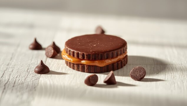 Alfajor casero de chocolate oscuro con base de madera clara y trozos de chocolate negro