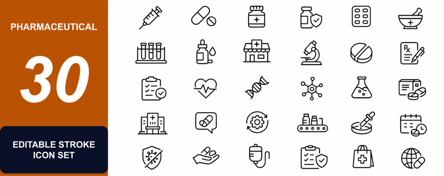 Pharmaceutical web icons in line style. Syringe, capsule, medicine, vaccine, laboratory, pharmacy, microscope, tablet, prescription set. Editable stroke. Vector illustration.