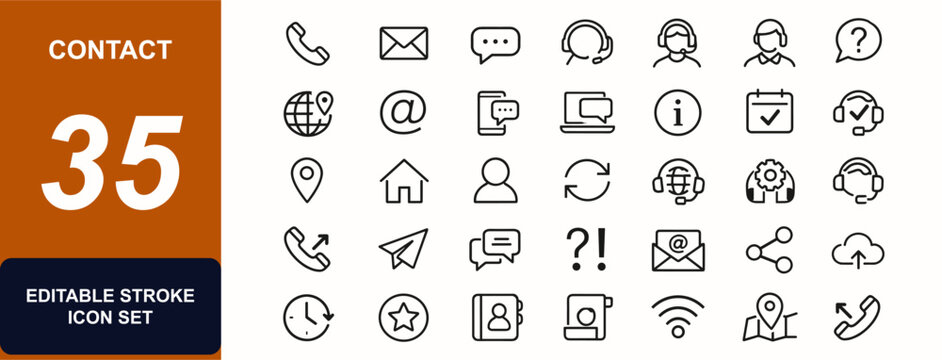 Contact web icons in line style set with editable strokes. Phone support, email service, chat message, client help, headset call, FAQ, envelope symbol. Editable stroke. Vector illustration.