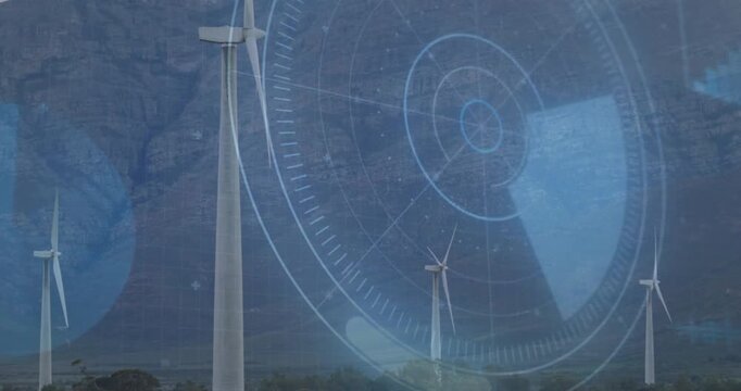 Lead wind turbine holding while sensor-triggered HUD overlay expanding, analyzing blades for energy