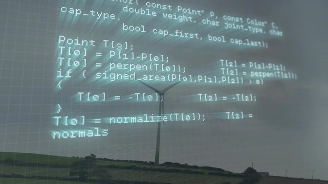 Scrolling C or C++ code overlay initiating geometry and HTTP parsing while turbine rotating on horiz