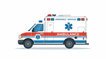 A side view of a modern emergency ambulance vehicle with red and blue stripes, flashing lights, and the Star of Life symbol, on a white background.