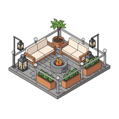 Obraz premium Isometric illustration of a cozy outdoor patio with seating and a fire pit.