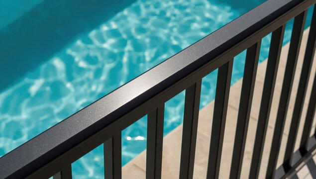 Detailed perspective of sleek black metal railing with serene turquoise pool behind. Intense sunlight casts bold shadow on pale tiles