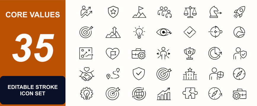 Core values web icons in line style. Leadership, badge, mission, teamwork, ethics, ambition, creativity, vision, quality, strategy icons. Editable stroke. Vector illustration.