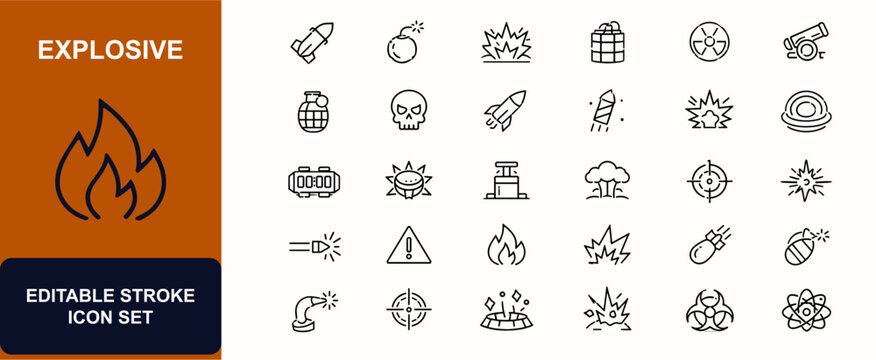 Explosive web icons in line style. Missile, bomb blast, dynamite, nuclear hazard, artillery, grenade, skull warning, firework burst, shockwave impact. Editable stroke. Vector illustration.