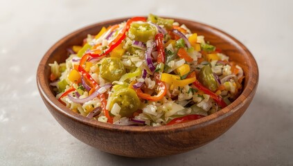 Puszta salad, a Hungarian side dish in a wooden bowl, features thinly sliced cabbage, gherkins, peppers, and onions preserved in a sweet-sour vinegar