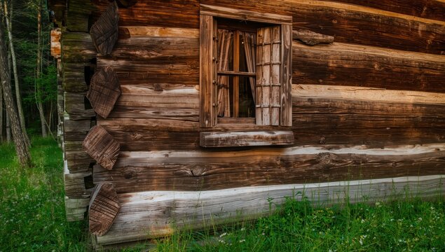 Log house with a small window, wooden backdrop, corner view in traditional Russian design