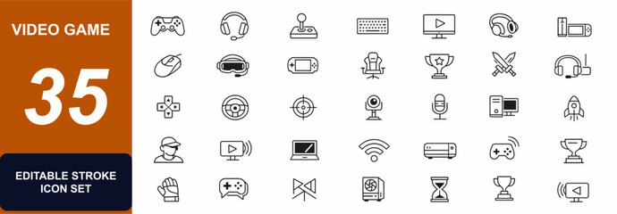 Video game gadgets web icons in line style. Console controller, gaming headset, joystick pad, computer keyboard, esports gear, cyber entertainment. Editable stroke. Vector illustration. © Icons studio