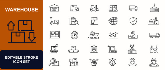 Warehouse web icons in line style. Logistics hub, cargo box, forklift truck, pallet storage, freight delivery, inventory shelf, industrial transport. Editable stroke. Vector illustration. © JIm Studio