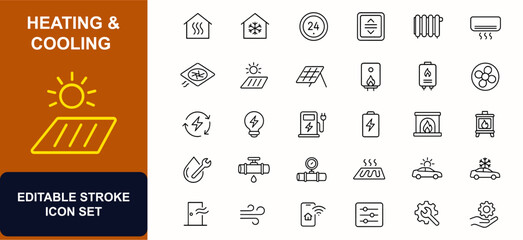 Heating and cooling web icons in line style. Home ventilation, thermostat control, radiator heater, air conditioning, solar energy, plumbing repair. Editable stroke. Vector illustration. © JIm Studio