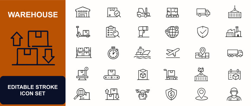 Warehouse web icons in line style. Logistics hub, cargo box, forklift truck, pallet storage, freight delivery, inventory shelf, industrial transport. Editable stroke. Vector illustration.