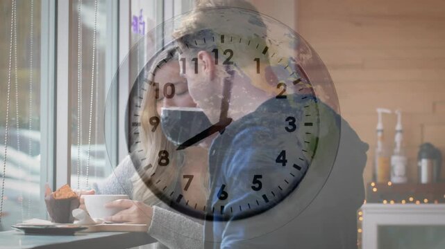 Man leaning in and woman sipping cup at cafe counter, clock overlay rotating, sharing conversation