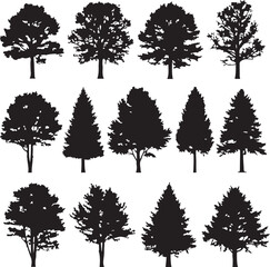 Collection of black tree silhouettes with varied foliage and shapes deciduous tree coniferous tree evergreen tree © RJ - Creativity