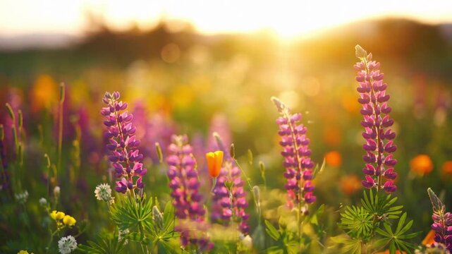 Wildflower meadow moving in the wind. Spring flowers Sunset wildflower meadow. Sunlit wildflowers in a golden field captured during sunset in late summer evening