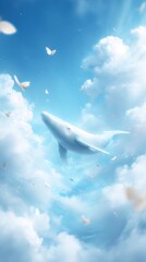 Fototapeta premium Celestial Serenity: A majestic whale soars through a serene sky. It's embraced by soft clouds and delicate butterflies dancing around it, creating a dreamlike and ethereal scene.