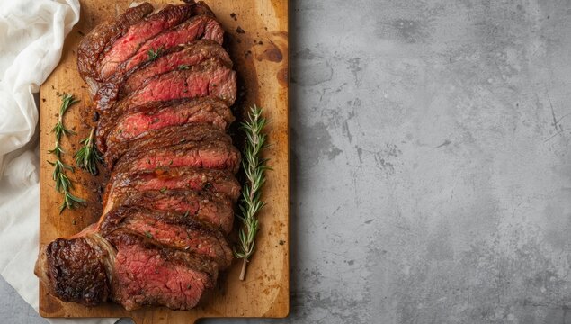 Sliced tri-tip beef on a wooden board with herbs. Gray backdrop. Overhead perspective. Empty space