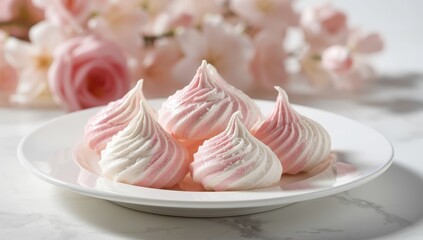 pink and white meringues on a plate, focused detail