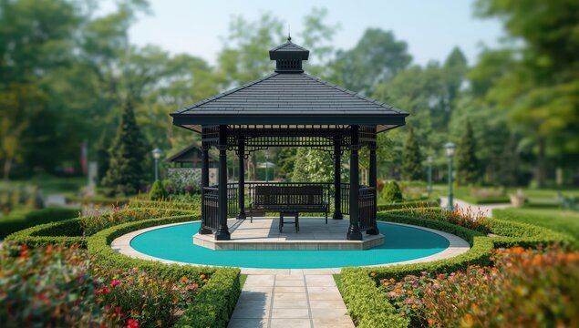A blurred backdrop features a contemporary gazebo with a dark sloped roof and wooden supports, resting on tiled ground with turquoise rubber in a park