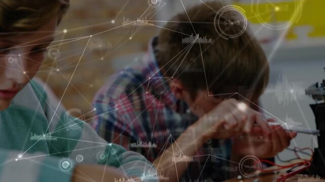 Two students left picking wires, right tightening robot chassis, network overlay circling STEM