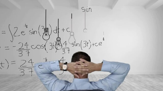 Man raising arms, leaning back, sparking wall math and bulbs, lit bulb signaling education solution