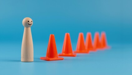 Wooden figure confronting traffic cones, representing obstacles, challenges, risk awareness, and problem-solving