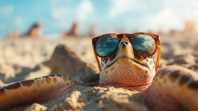 This adorable image features a sea turtle relaxing on a sandy beach while wearing stylish sunglasses, embodying a fun, carefree spirit and the joy of summer days by the sea.