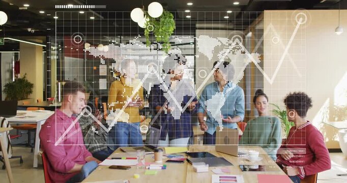 Presenters standing and speaking in marketing office, activating world map, nodes and rising graph