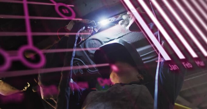 Auto tech shining LED light under raised vehicle, inspecting parts causing magenta graphs rising