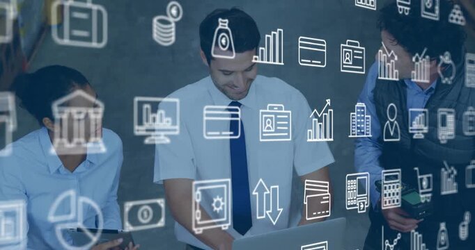 Pointing peer urging white-shirt man typing and reviewing data at office with laptop, finance icons