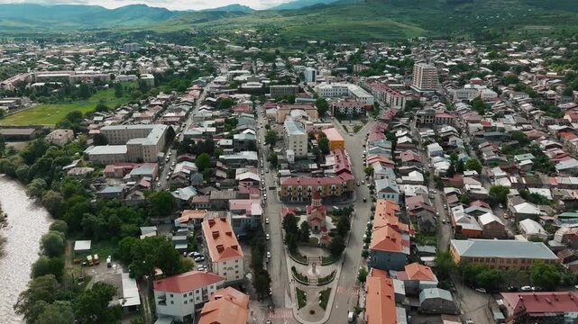 Cinematic aerial drone footage of Rabati Castle, a historic fortress complex located in Akhaltsikhe, Georgia.