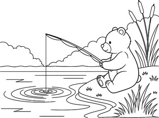 A cartoon bear fishing by a serene lake © rafsanwd