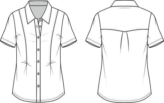 Technical fashion flat sketch of a women's short sleeve button down shirt with front tucks, pointed collar, and yoke.