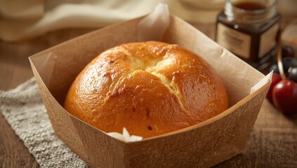 Warm sweet bread roll with a golden crust in a brown paper box, perfect for bakery advertising, food packaging, or cafe menus