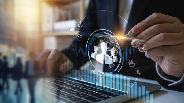 Customer Relationship Management (CRM), Businessman use tablet with global structure customer network technology, Data exchanges development. human resources, social media. digital marketing online.