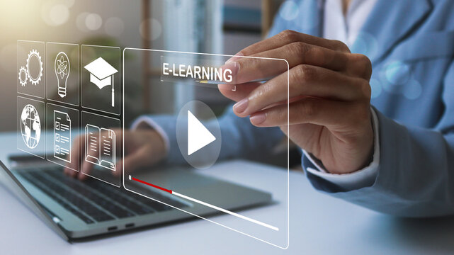 learning online concept. Businesswoman hand using laptop computer study e-learning online education training for personal development, study online, Digital courses to develop new skills.
