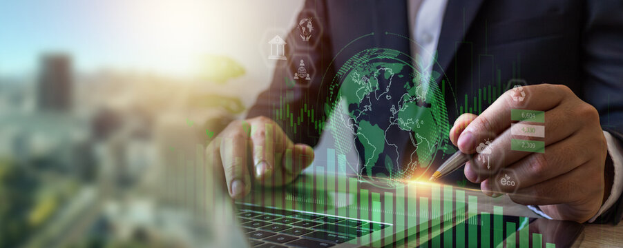 Businessman analyze investment sustainability ESG icons. ESG environmental protection concept, sustainable development, climate change, green energy recycle, Net zero and carbon neutral.