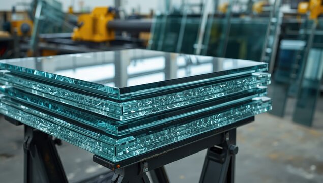 Detailed view of stacked insulated glass units on a support stand in a workshop, featuring blurred glass panels and industrial machinery behind