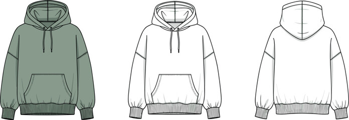 Technical fashion flat sketch of an oversized hoodie with dropped shoulders and kangaroo pocket for front and back view. © MDBABUL