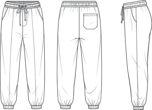 Mens and Womens Vector Technical Flat Sketch of Sweatpants Joggers with Elastic Waistband Drawstring Side Pockets and Ribbed Cuffs Templates