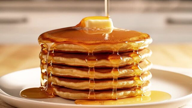 Pancake Stack With Syrup Pouring Down In Slow Motion