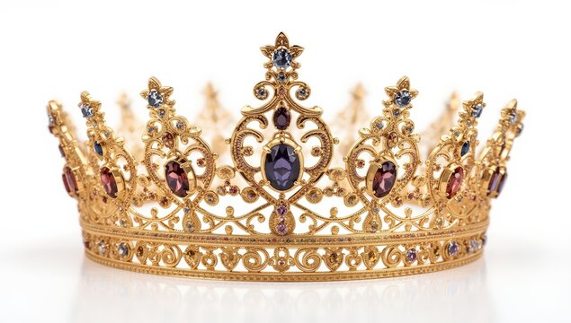 Luxurious tiara for royalty. Costly adornment. Possible frame. Decorative piece for monarchs, enchanting crown on white backdrop, detailed view from above