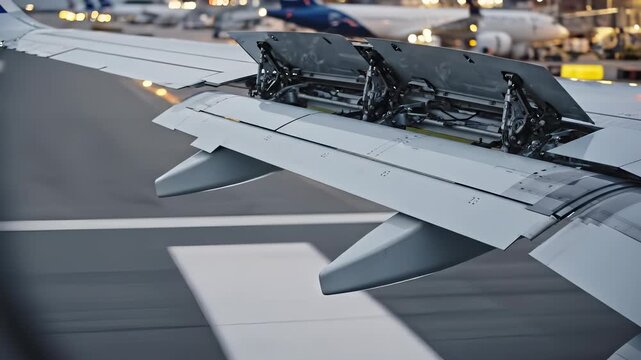 Airplane Wing Flaps Deploying During Landing on Airport Runway.