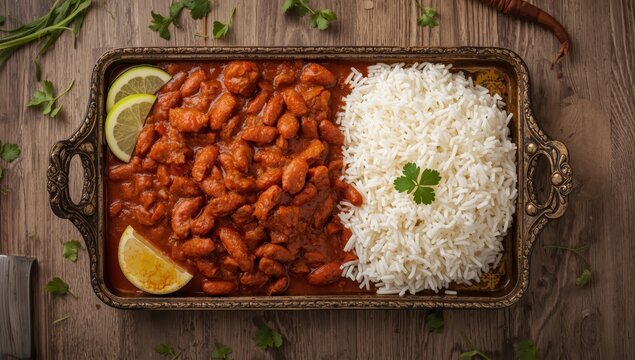 Rajma Masala is a beloved North Indian meal featuring red kidney beans and rice, presented on a wooden tray