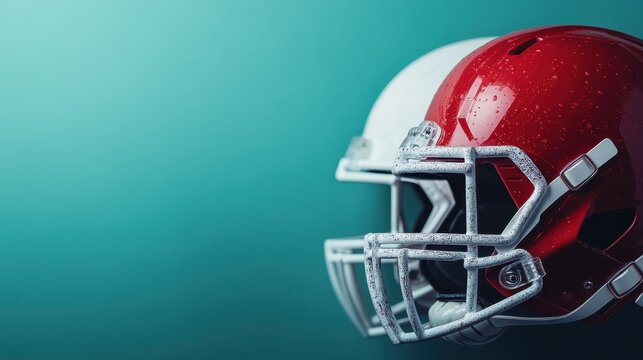 Two football helmets in striking red and white colors, symbolizing competition, sportsmanship, and the intense passion that fuels the game of football at every level.