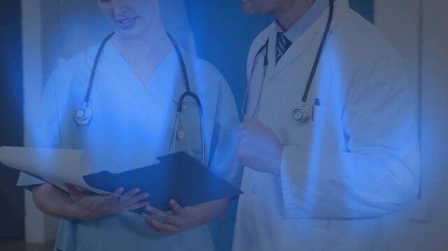 Two docs opening folder, flipping pages, waveform sweeping over them while reviewing chart for care