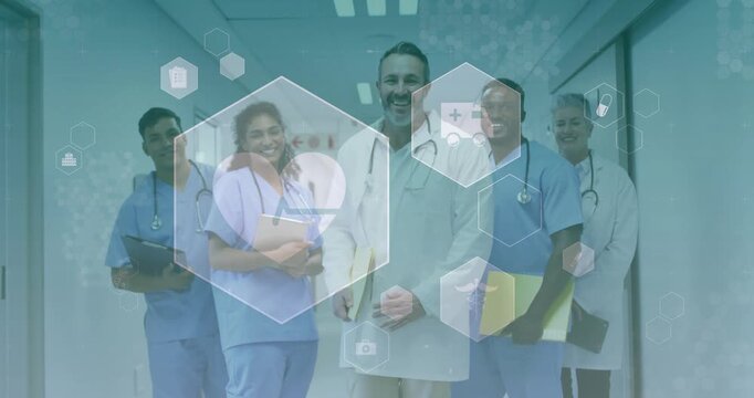Five medical staff walking corridor heart hex starting overlays cross clipboard camera showing care
