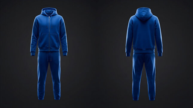 Dark blue tracksuit mockup with hoodie and sweatpants front and back view
