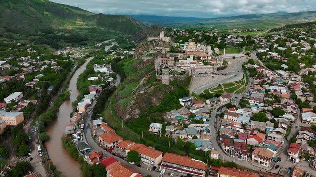 Cinematic aerial drone footage of Rabati Castle, a historic fortress complex located in Akhaltsikhe, Georgia.